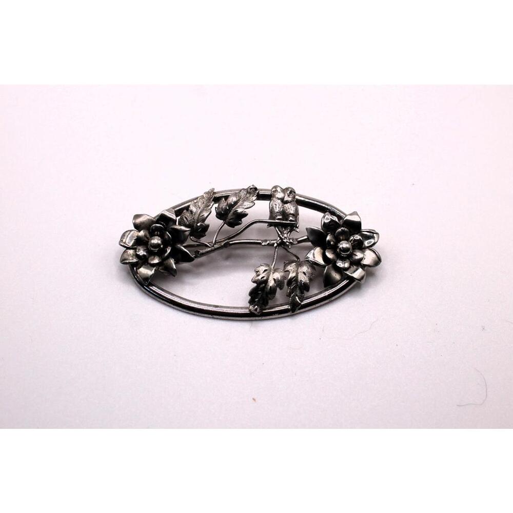 Vintage Sterling Silver Owls on Branch Brooch